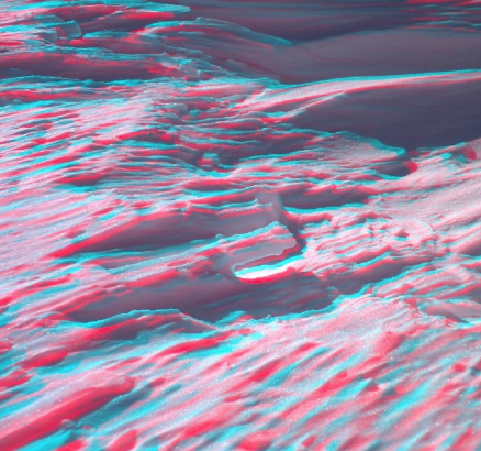 Image à regarder avec des lunettes à filtre, prise avec un appareil photo anaglyphe. La photo a été prise dans les pyrénées, on pourrait se croire sur Mars (hétérotopie).