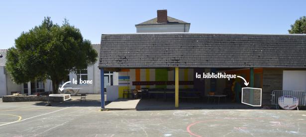 Localisation du banc et de la bibliothèque dans la cour de récréation