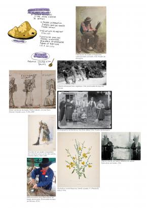 Exemple d'une recherche documentaire autour des balais et leurs liens historiques et géographiques, quelques images citées à titre d'exemple de ce qu'on pourrait trouver dans des archives, écomusées, ...