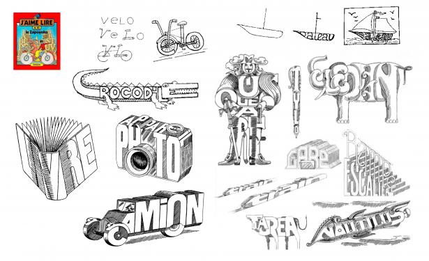 Les mot-images de Jean Alessandrini nous servirons de base solide dans la création typographique. J’amènerais lors ateliers sa bibliographie jeunesse: «Quand le mot devient image»,«ABC de la lettre», «Le zapoyoko», etc.