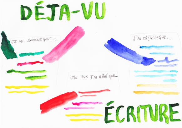 Déjà-vu (écriture) : Activité d’écriture collective. Sur des grandes feuilles seront écrites les phrases suivantes : Je me souviens que…, Une fois j’ai rêvé que…., J’ai déjà-vu que…, les enfants pourront écrire ensemble la continuation des phrases pour former un cadavre exquis.  Je créerai à partir de leurs écrits une forme d’édition qui puisse être imprimé et partagé entre les enfants.