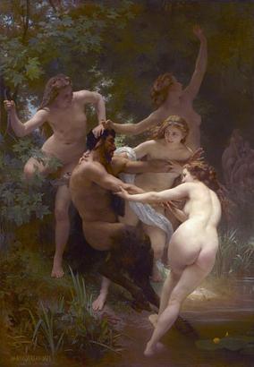 Tableau de W.A. Bouguereau représentant quatre Nymphes "enlevant" un Faune