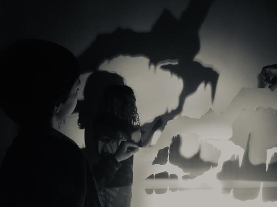 Les élèves projetant l'ombre de la grotte et la reportant au fusain.