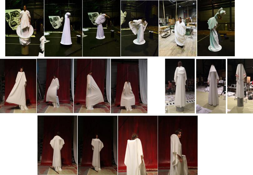 Recherches de costumes avec une performeuse, expérimentations de formes et de mouvements avec différentes pièces de costume