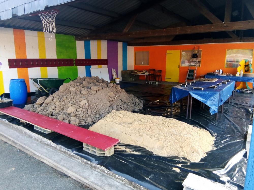 Espace de chantier sous le préau de l'école Alphonse Daudet