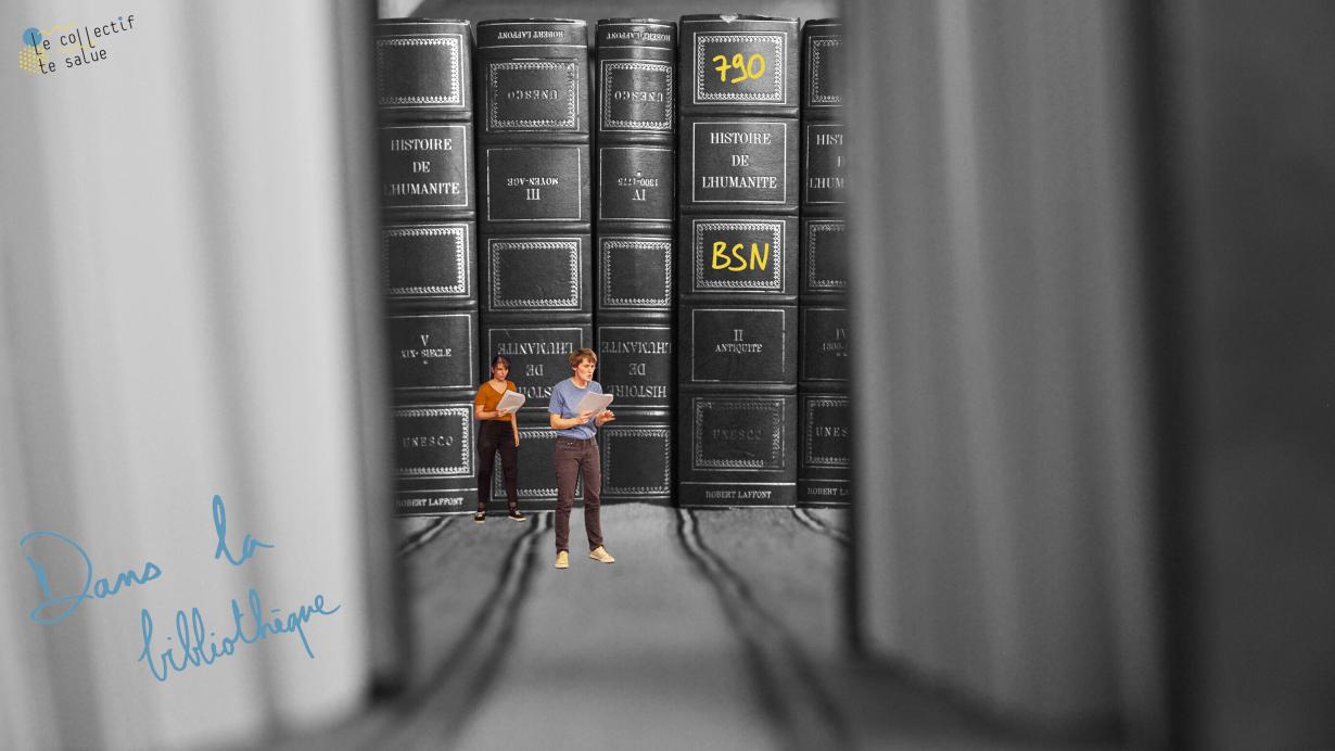 Livres noir et blanc, personnage couleur, titre