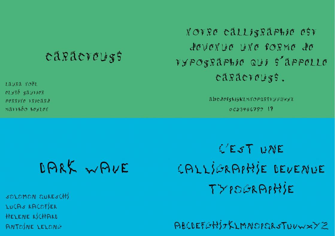 Aperçu des polices de caractères que j’ai créé d’après les dessins des élèves du Collège Romain Rolland de Charroux.