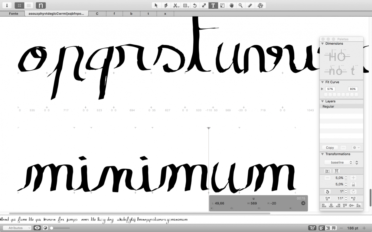 Capture d’écran montrant les lettres déjà intégrées dans le logiciel de création de caractères typographiques. Comme il s’agit d’une police de caractères dont plusieurs lettres sont liées, il a fallu régler soigneusement l’interlettrage pour que cet effet soit atteint dans la plupart des combinaisons de lettres possibles. Dans le cas des caractères comme celui-ci, dont plusieurs lettres finissent par une terminaison projetée à la droite de la lettre, il faut en général que le côté droit de la lettre ait moi