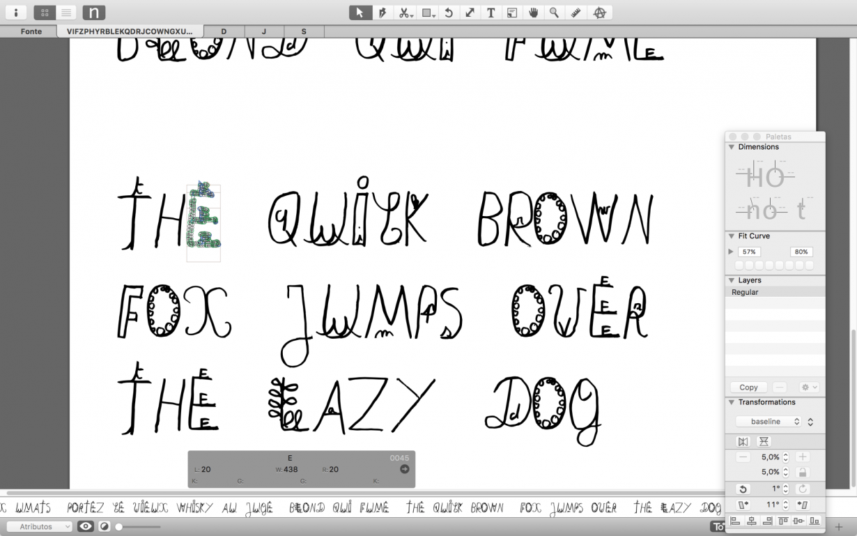 Capture d’écran montrant les lettres déjà intégrées dans le logiciel de création de caractères typographiques. Avant cette étape, il a fallu vectoriser les lettres de façon partiellement automatique dans un logiciel de dessin vectoriel. Ensuite, elles ont été importées vers le logiciel montré ci-dessus, où plusieurs autres réglages ont été fait, notamment sur l’espacement entre les lettres – l’interlettrage (plus d’informations à ce sujet et sur la vectorisation dans les prochaines publications). L’image mo