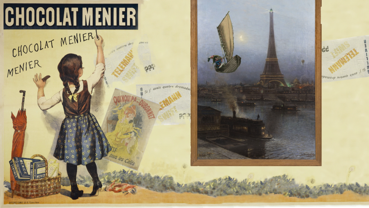 Gulliver passe devant la tour Eiffel, dans une tableau "accroché" au mur dans une gravure publicitaire.