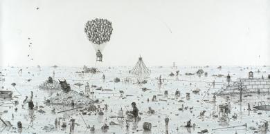 Frontier, dessin de l'artiste Joe Biel, 2008, (Graphite andColored Pencil on Paper,  59 x 119 in)