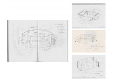 Croquis présentant la superposition des couches de la cartographie - d'une première couche, plus large, reprenant des documents géographiques et archives, à des couches de plus en plus petites, élaborées à partir de relevés de terrain, échanges avec les habitants. / Trois croquis de la structure porteuse de la cartographie, dépliable et démontable.