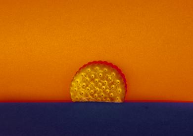 Sunset au Prince Lu. Recomposition d'un coucher de soleil à partir de deux cartons couleurs (orange et bleu), un Prince Lu et un lampe.