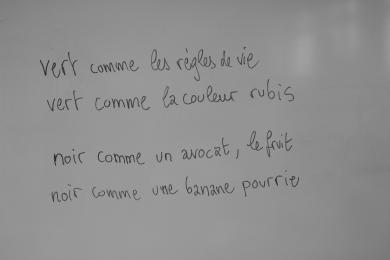 Mise en commun des phrases trouvées avec les différentes couleurs. 