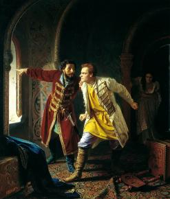 Tableau représentant le Faux Dimitri, apprenant l'arrivée d'une troupe de révolutionnaire